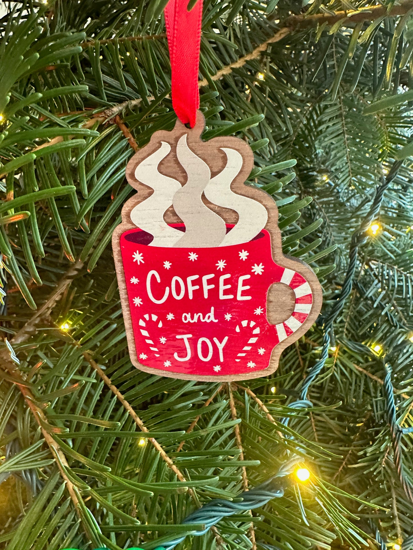 Coffee & Joy Red Mug Wood Ornament