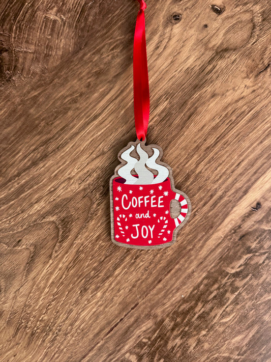 Coffee & Joy Red Mug Wood Ornament