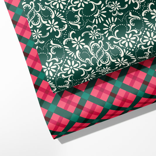 Heart Brocade & Plaid Double Sided Wrapping Paper